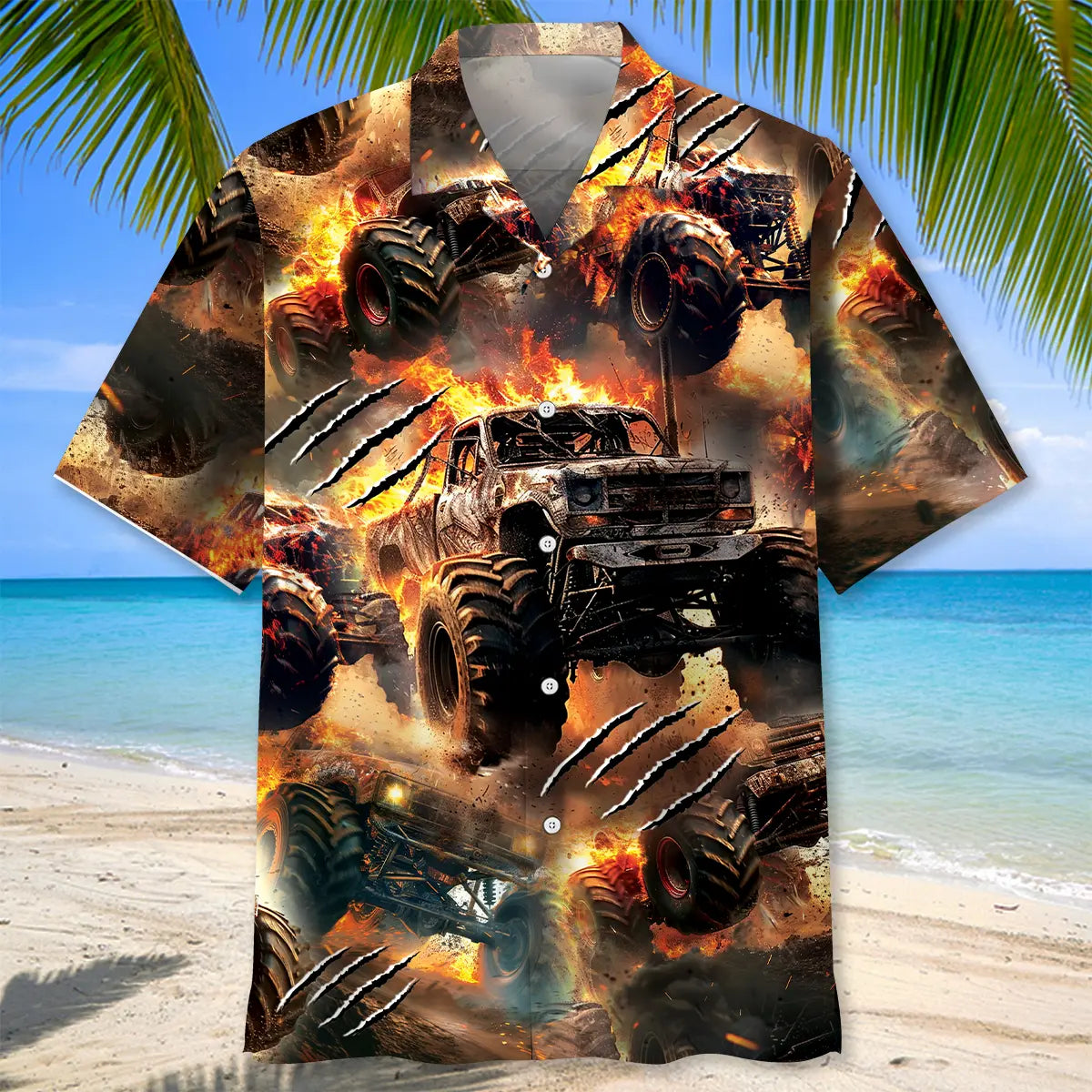Fire Monster Truck Car Hawaiian Shirt For Resort Holiday, Island Getaway, And Daily Summer Wear