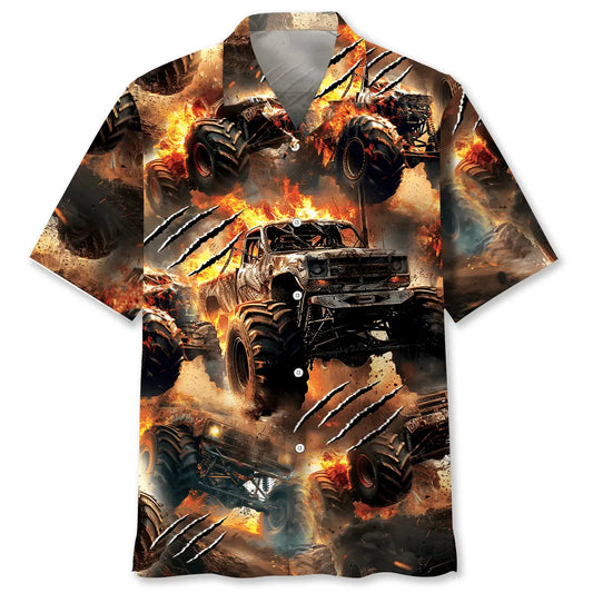 Fire Monster Truck Car Hawaiian Shirt For Coastal Adventure, Tropical Retreat, And Relaxed Resort Style