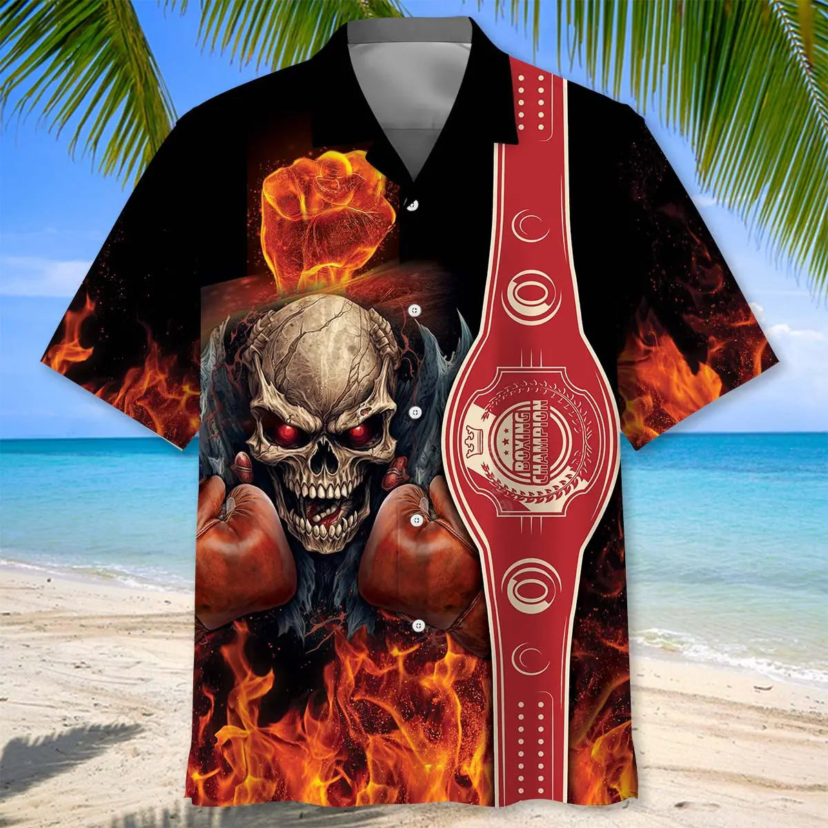 Fire Skull Boxing Hawaiian Shirt For Coastal Travel, Casual Events, And Comfortable Summer Wear