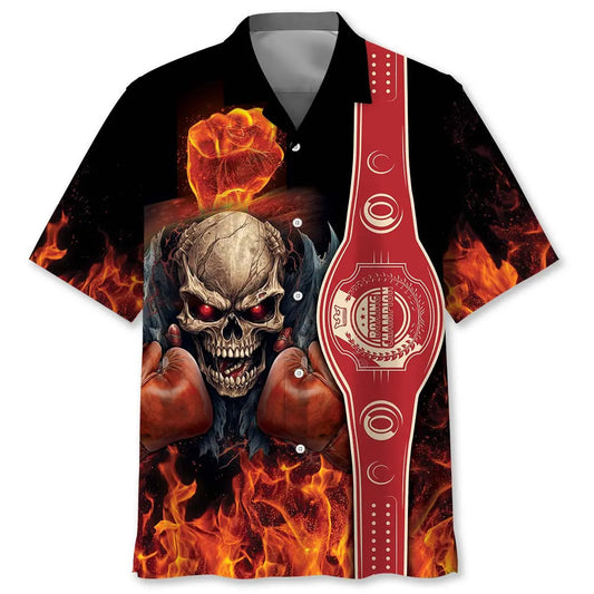 Fire Skull Boxing Hawaiian Shirt For Coastal Travel, Casual Events, And Comfortable Summer Wear