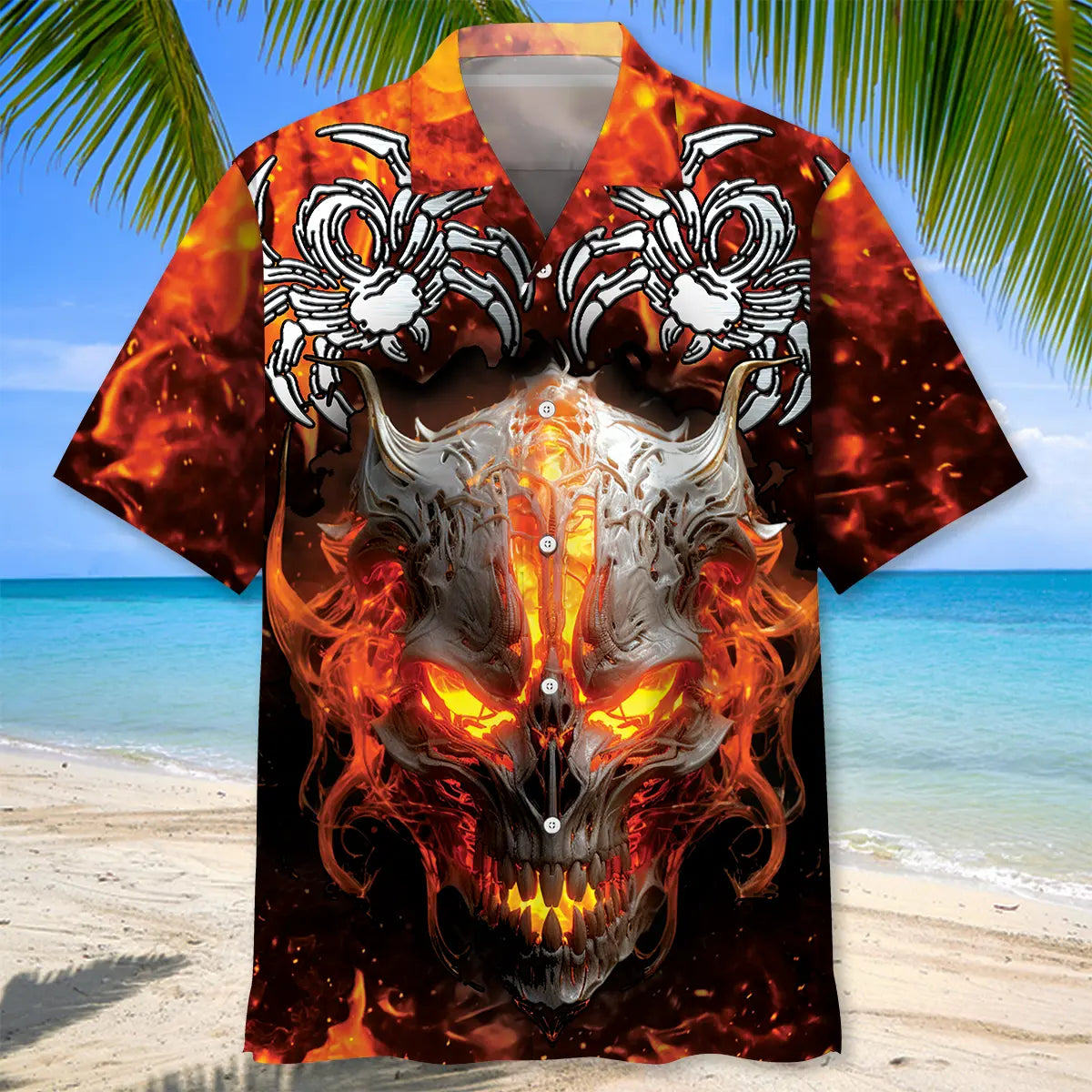 Fire Skull Spider Hawaiian Shirt For Summer Vacation, Beach Travel, And Casual Wear