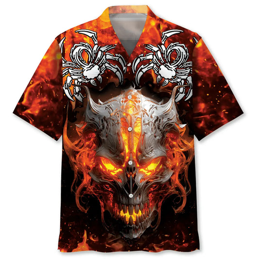 Fire Skull Spider Hawaiian Shirt For Summer Vacation, Beach Travel, And Casual Wear