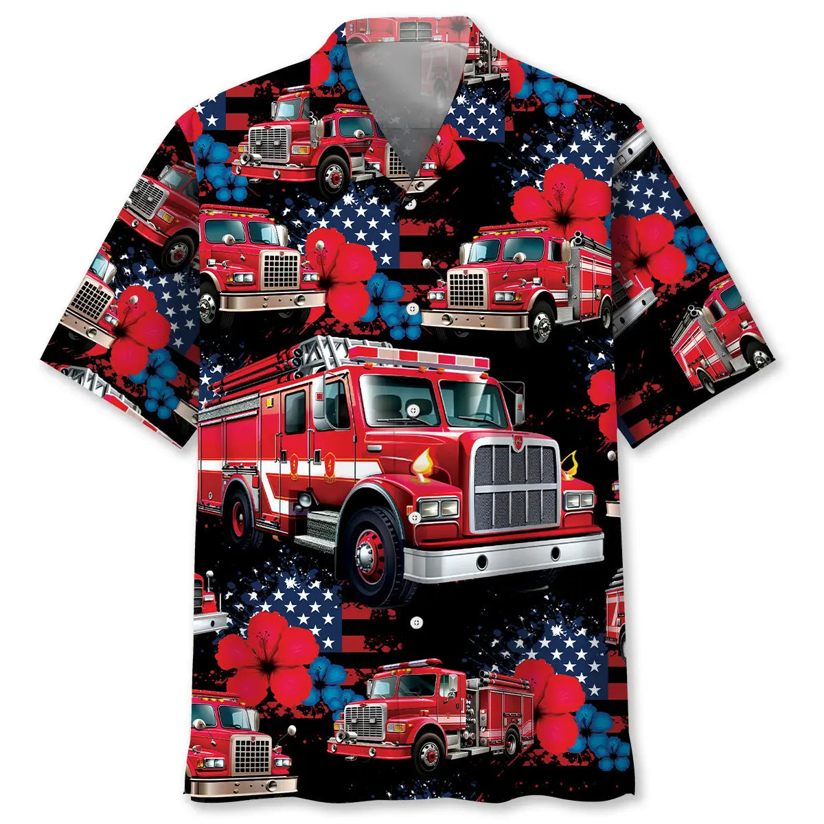 American Fire Truck Hawaiian Shirt For Beach Travel, Coastal Adventure, And Resort Wear