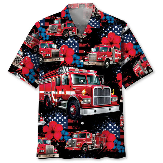 American Fire Truck Hawaiian Shirt For Beach Travel, Coastal Adventure, And Resort Wear