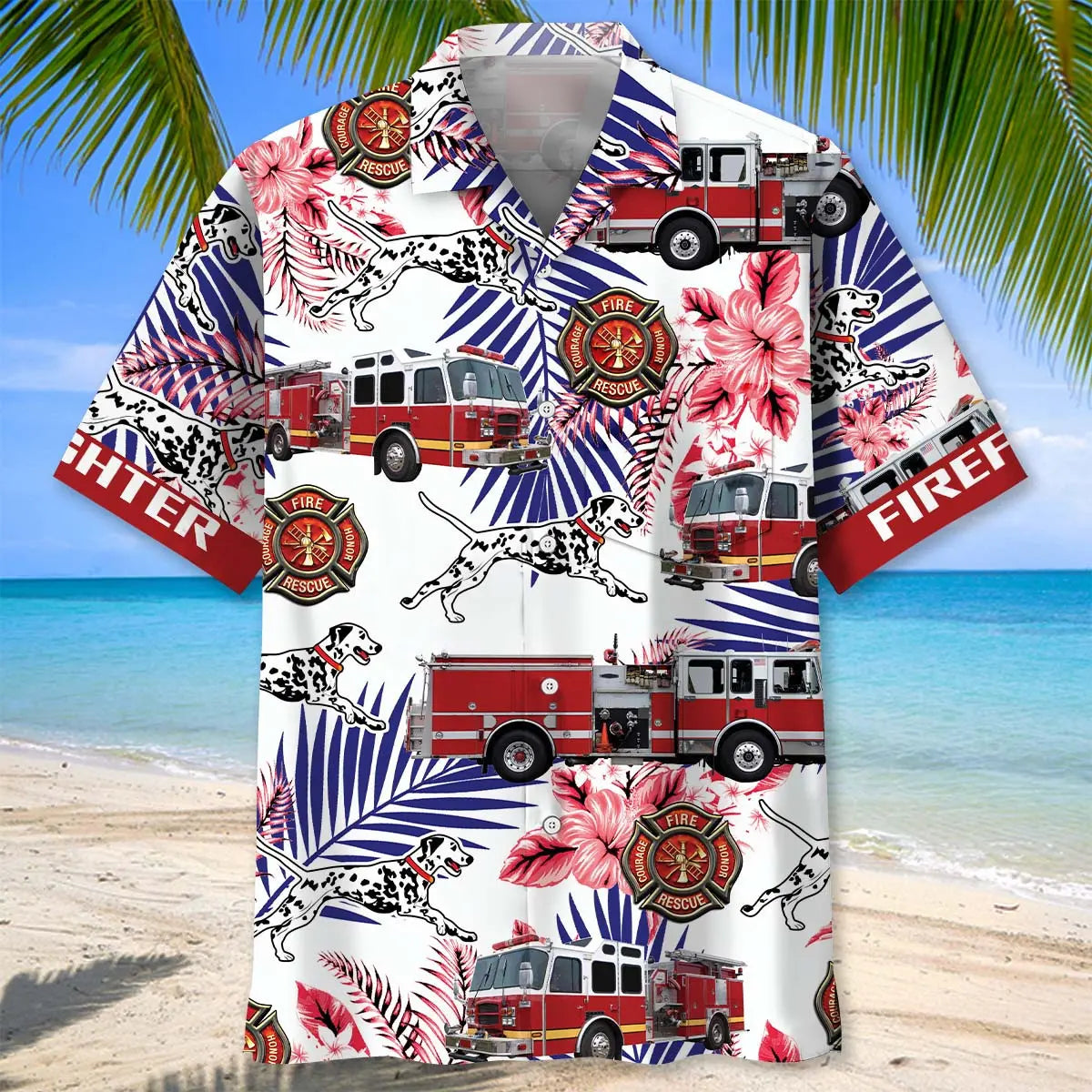 Fire Truck Dalmatian Proud Pocket Hawaiian Shirt For Vacation Cruise And Summer Party Style