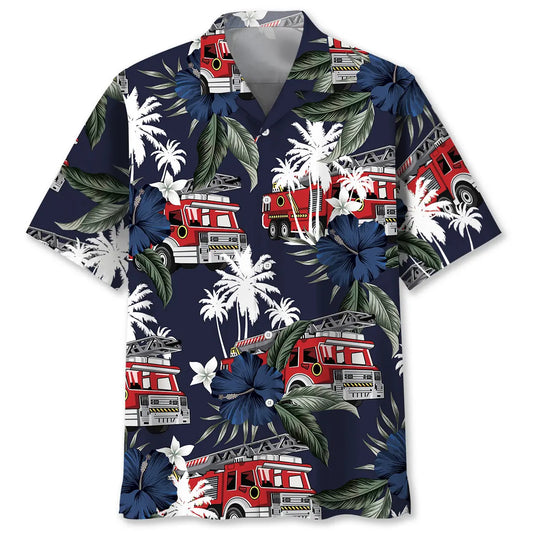 Fire Truck Dark Blue Hawaiian Shirt For Poolside Gathering And Everyday Comfort