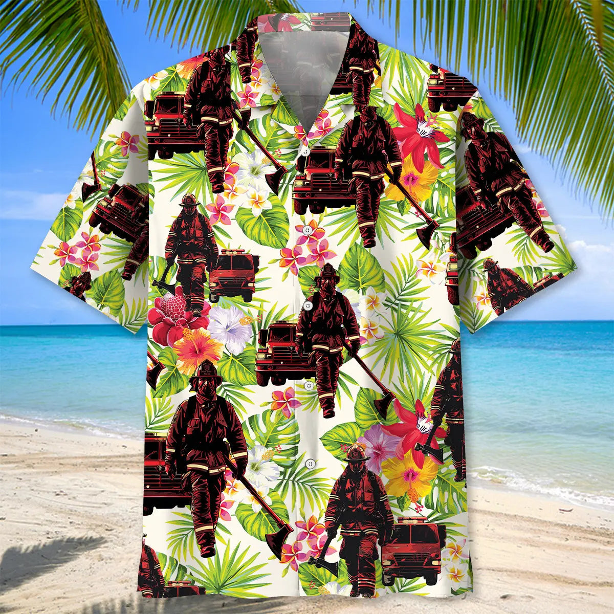 Fire Truck Firefighter Flower Hawaiian Shirt For Coastal Festival, Family Vacation, And Summer Event Style