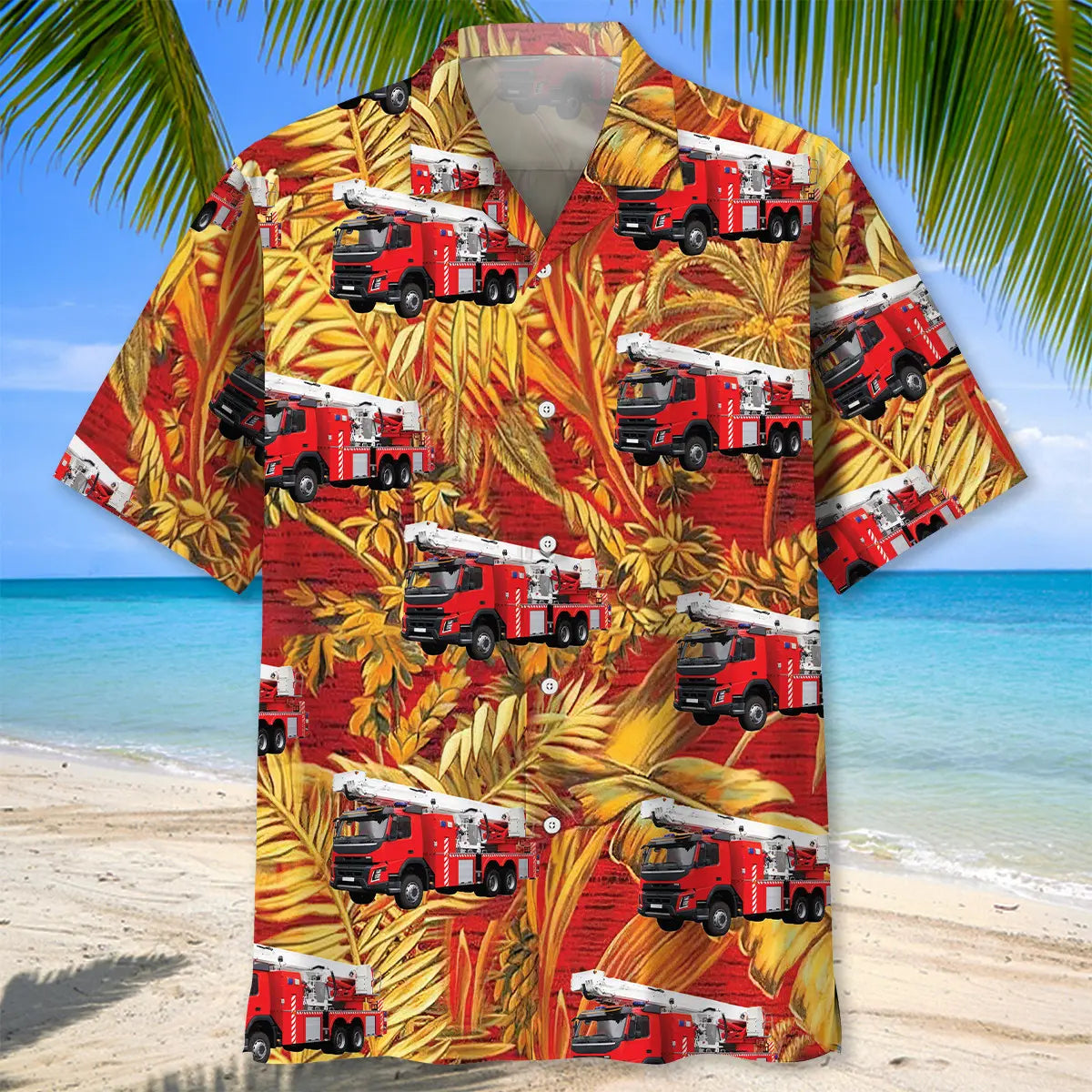 Fire Truck Tropical Orange Hawaiian Shirt For Island Adventure, Relaxed Getaway, And Everyday Comfort