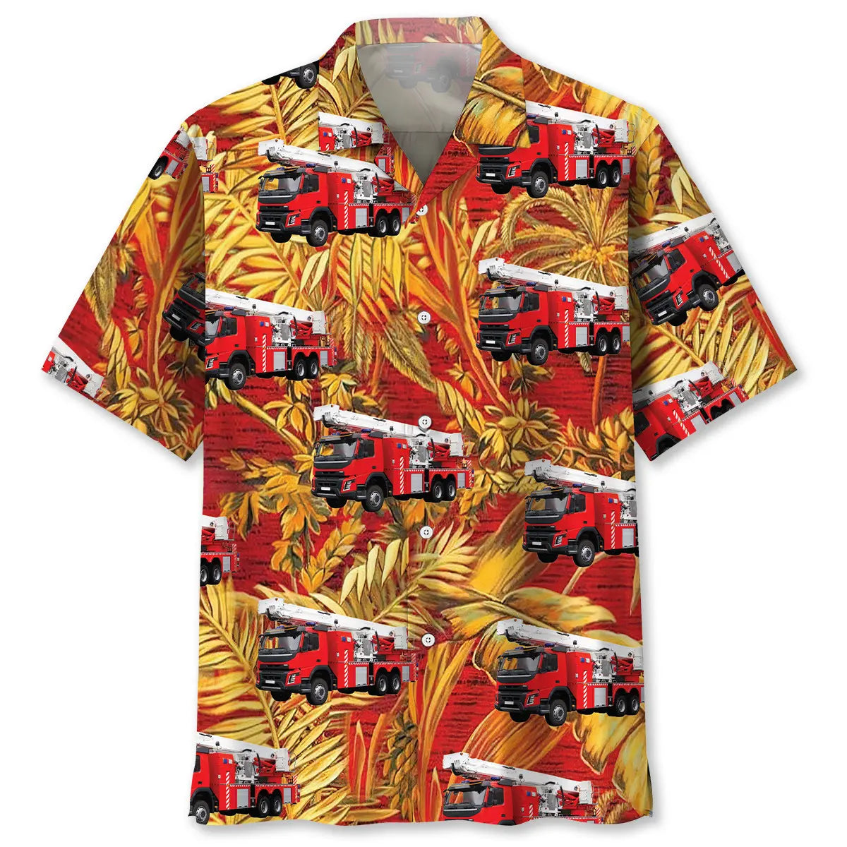Fire Truck Tropical Orange Hawaiian Shirt For Warm Weather Outing, Coastal Adventure, And Vacation Outfit
