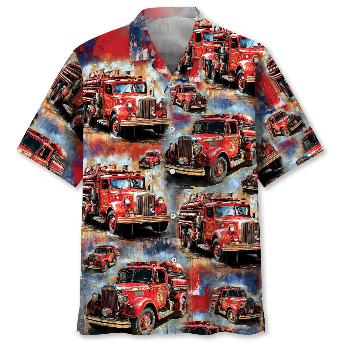 Vintage Fire Trucks Hawaiian Shirt For Summer Vacation, Beach Travel, And Casual Wear