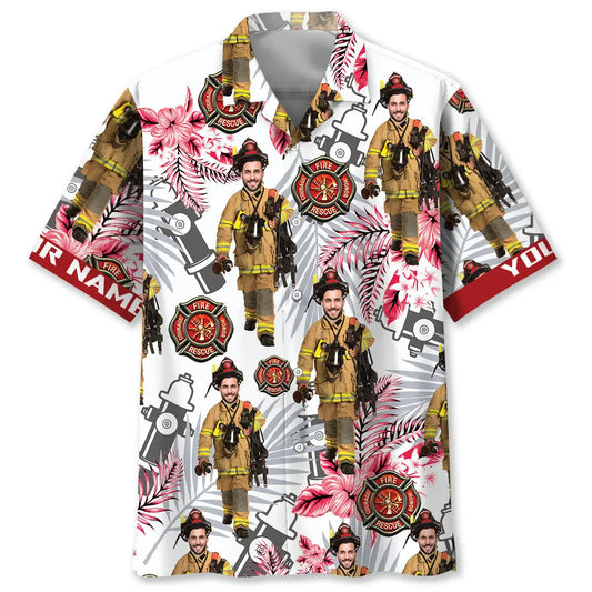 Firefighter Custom Personalized Photo Hawaiian Shirt For Summer Vacation, Beach Travel, And Casual Wear