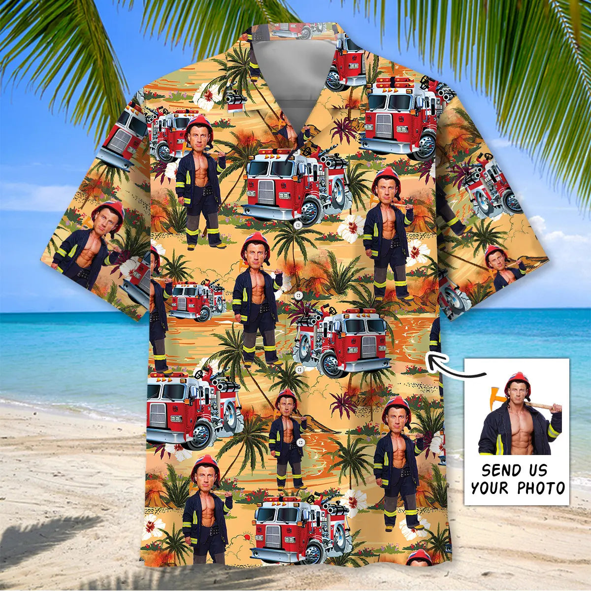 Firefighter Personalized Photo Face Hawaiian Shirt For Coastal Travel, Casual Events, And Comfortable Summer Wear