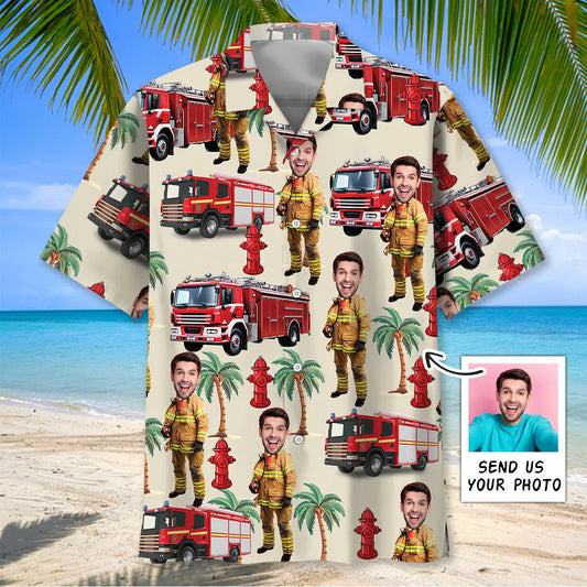Firefighter Personalized Photo Face Hawaiian Shirt For Island Vacations, Resort Wear, And Relaxed Seasonal Style