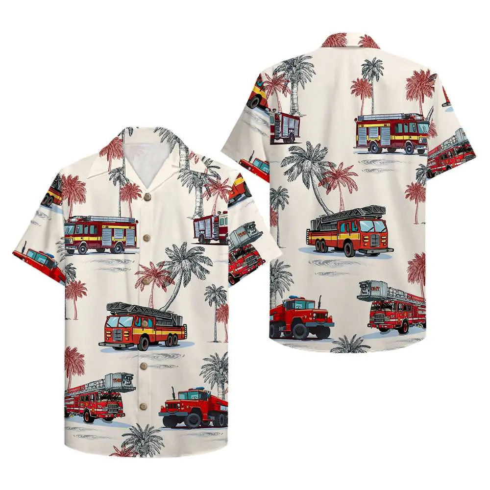 Island Firefighter Fire Truck Pattern Aloha Hawaiian Shirt For Summer Vacation, Beach Travel, And Casual Wear
