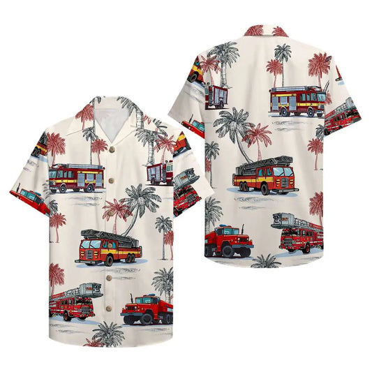Island Firefighter Fire Truck Pattern Aloha Hawaiian Shirt For Summer Vacation, Beach Travel, And Casual Wear