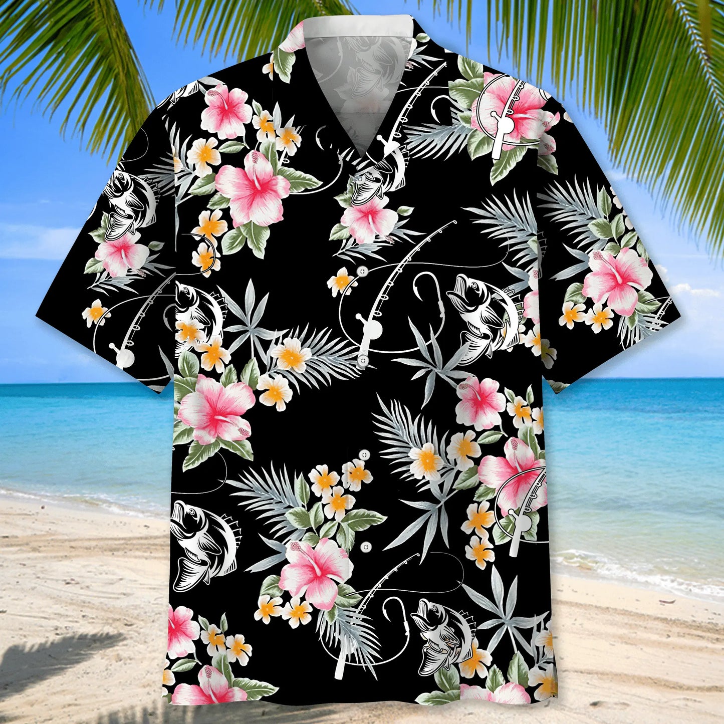 Floral Fishing Hawaiian Shirt For Summer Vacation, Beach Travel, And Casual Wear