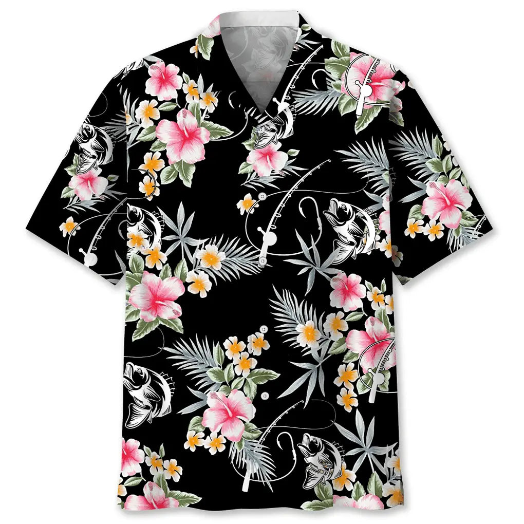 Floral Fishing Hawaiian Shirt For Summer Vacation, Beach Travel, And Casual Wear