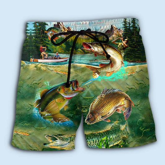 Wild Mountain Fishing Adventure Beach Shorts Pattern Detail For Relaxed Warm Weather Outfits