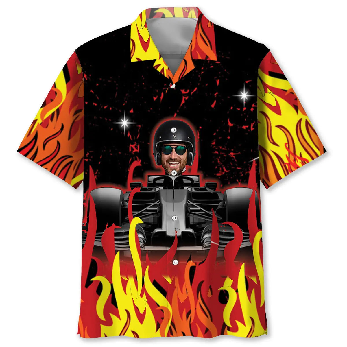 Flames Open Wheel Racing Personalized Photo Face Hawaiian Shirt For Summer Vacation, Beach Travel, And Casual Wear