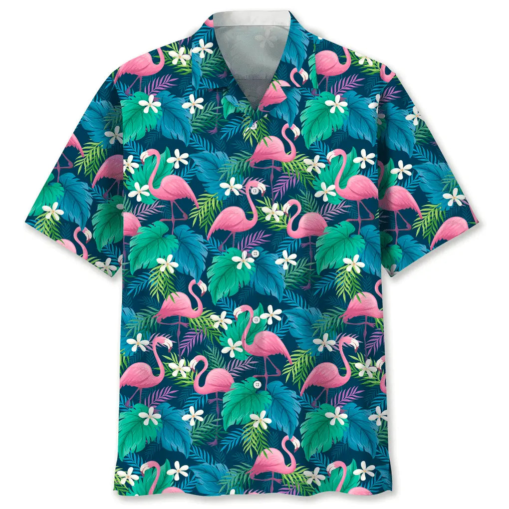 Flamingo Green Hawaiian Shirt For Summer Vacation, Beach Travel, And Casual Wear