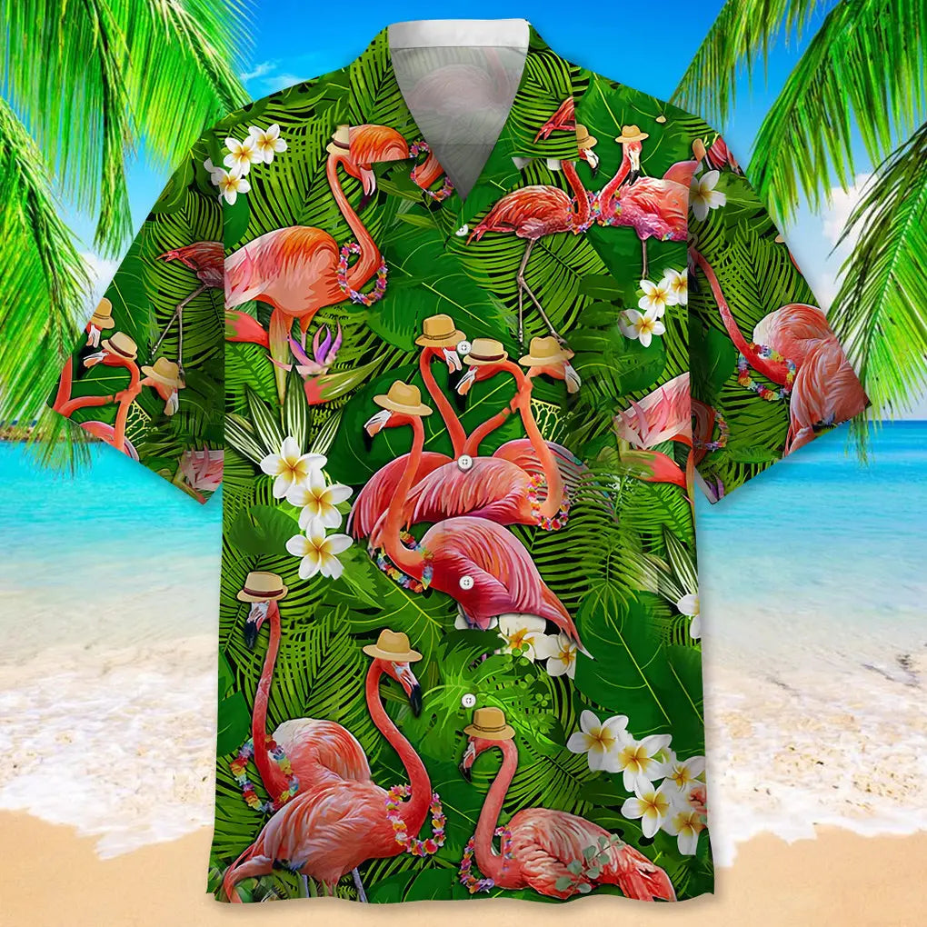 Tropical Flamingo Green Hawaiian Shirt For Island Vacations, Weekend Events, And Relaxed Everyday Outfits