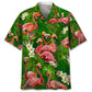 Tropical Flamingo Green Hawaiian Shirt For Island Vacations, Weekend Events, And Relaxed Everyday Outfits