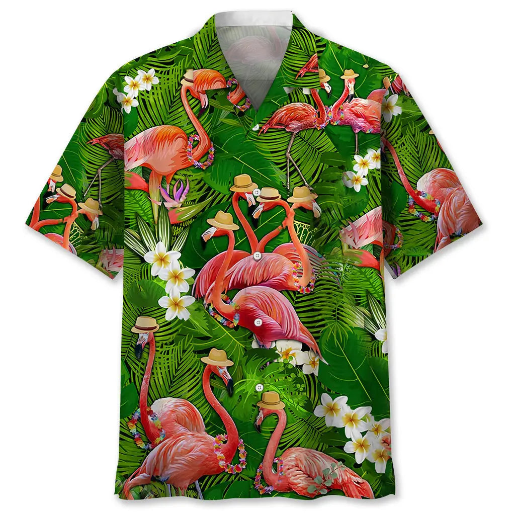Tropical Flamingo Green Hawaiian Shirt For Island Vacations, Weekend Events, And Relaxed Everyday Outfits