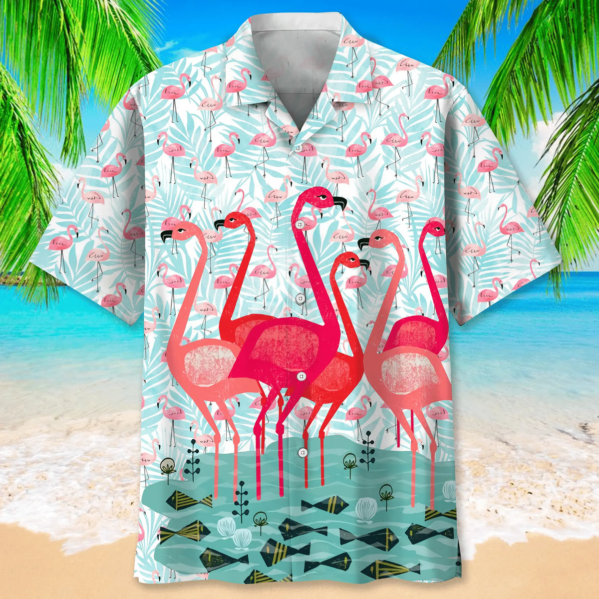 Flamingo Pink Hawaiian Shirt For Summer Vacation, Beach Travel, And Casual Wear