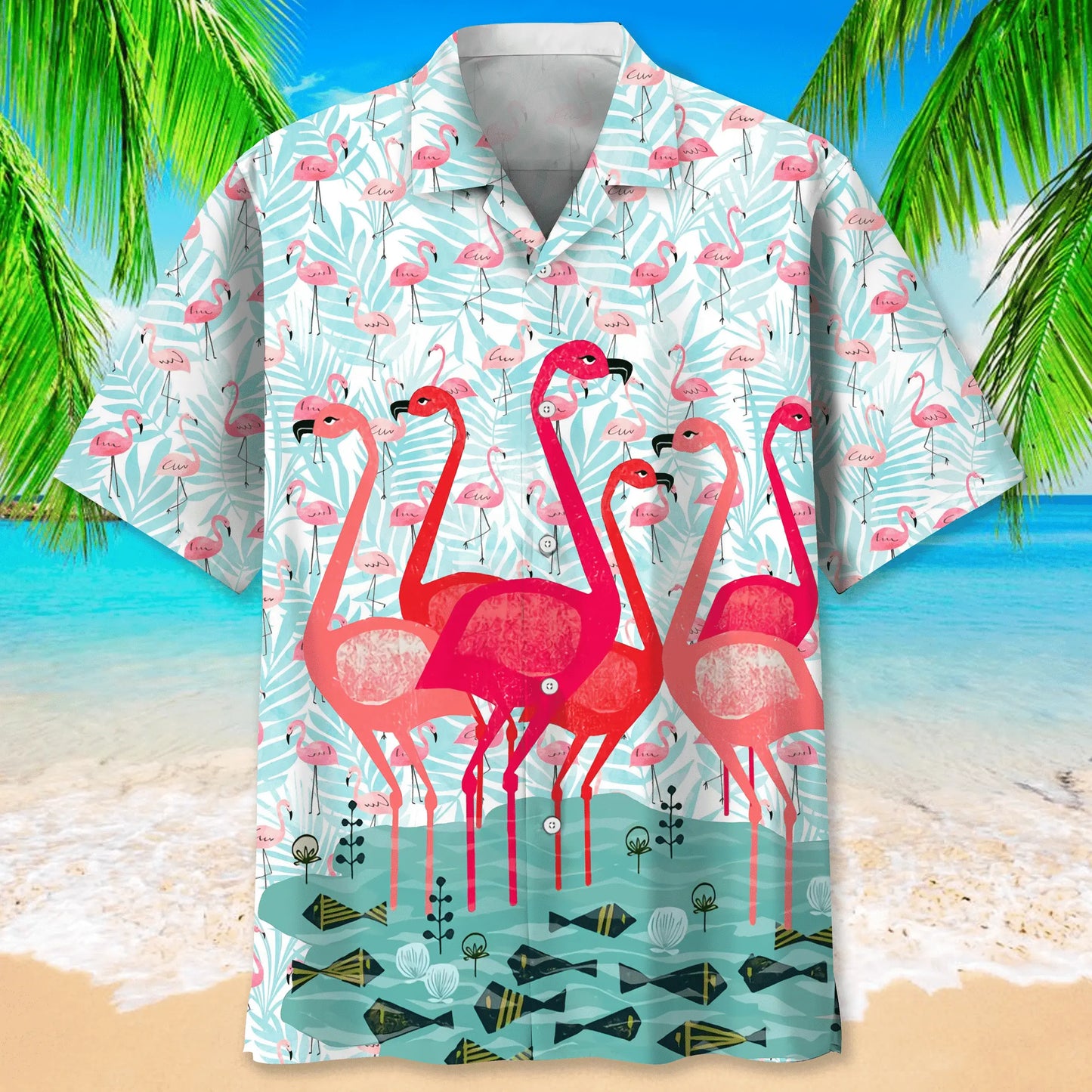 Flamingo Pink Hawaiian Shirt For Summer Vacation, Beach Travel, And Casual Wear