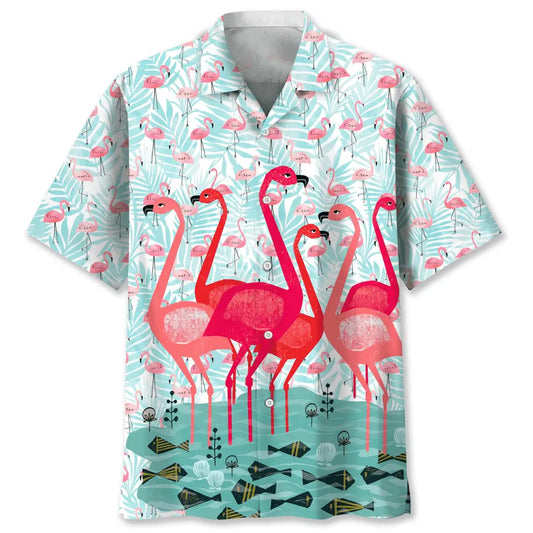Flamingo Pink Hawaiian Shirt For Summer Vacation, Beach Travel, And Casual Wear
