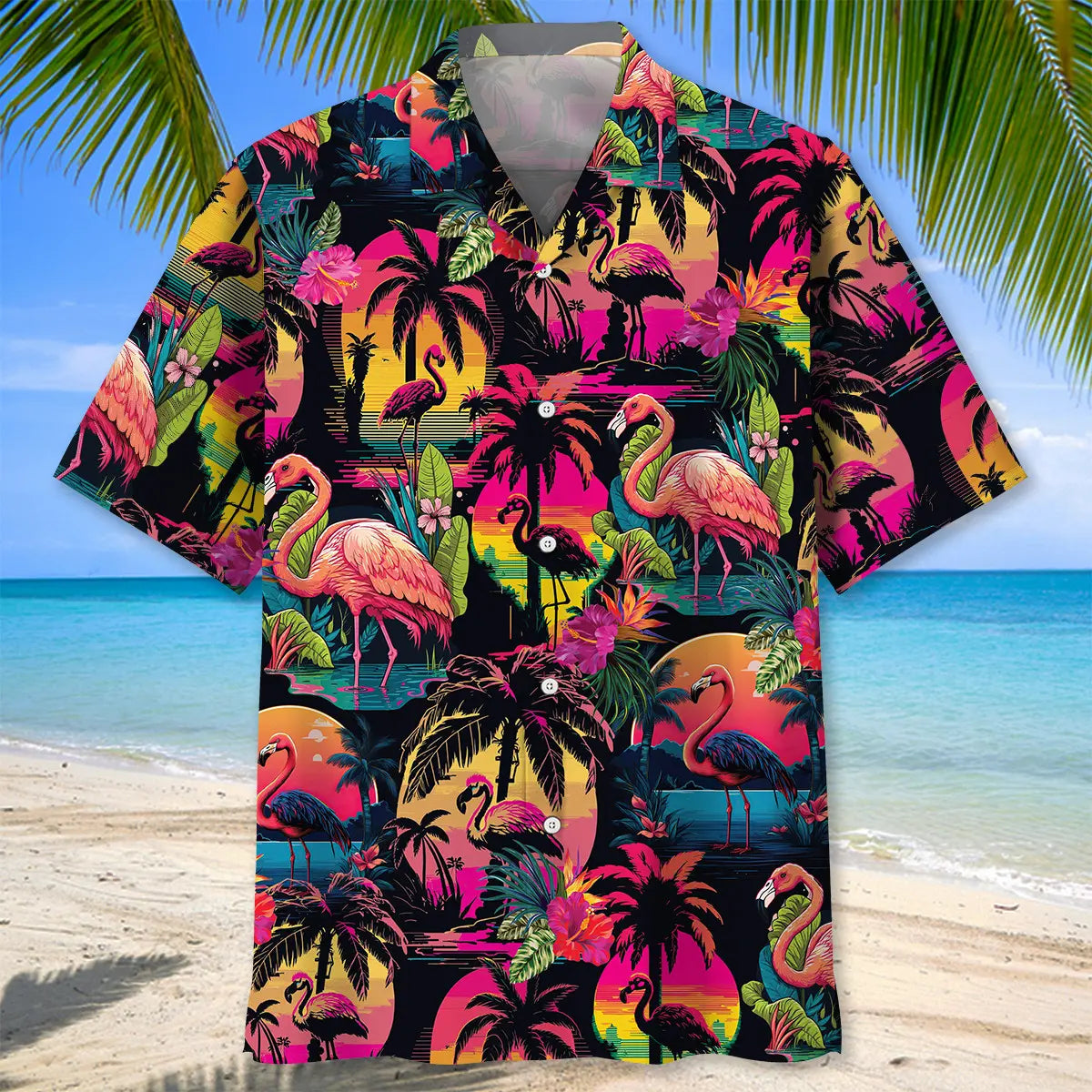 Retro Flamingo Palm Tree Hawaiian Shirt For Animal Lovers, Beach Travel, And Casual Summer Style
