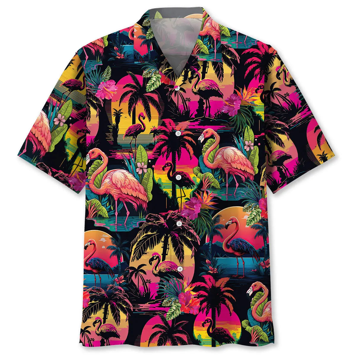 Retro Flamingo Palm Tree Hawaiian Shirt For Animal Lovers, Beach Travel, And Casual Summer Style