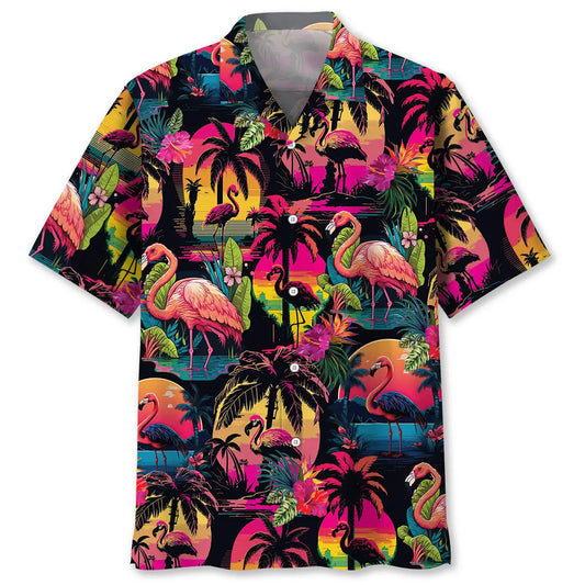 Retro Flamingo Palm Tree Hawaiian Shirt For Animal Lovers, Beach Travel, And Casual Summer Style