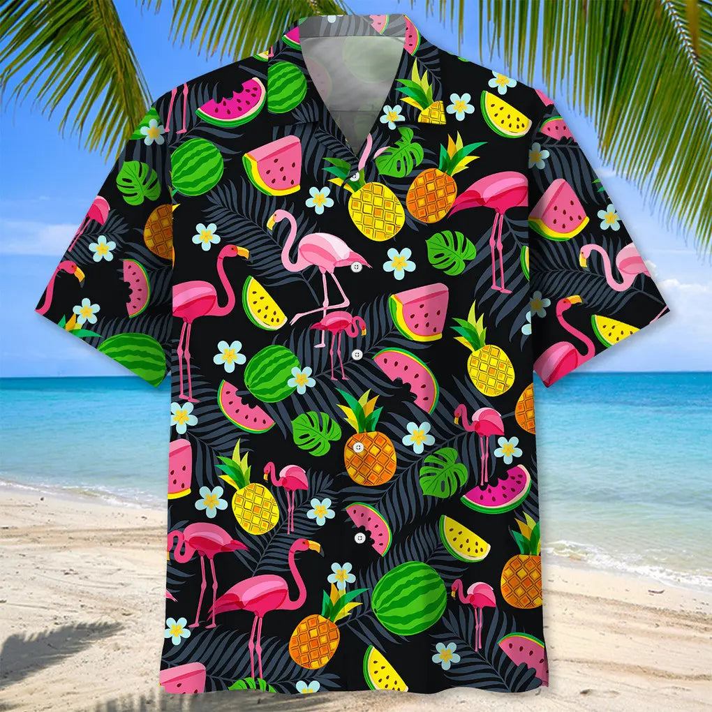 Tropical Flamingo Hawaiian Shirt For Coastal Travel, Casual Events, And Comfortable Summer Wear