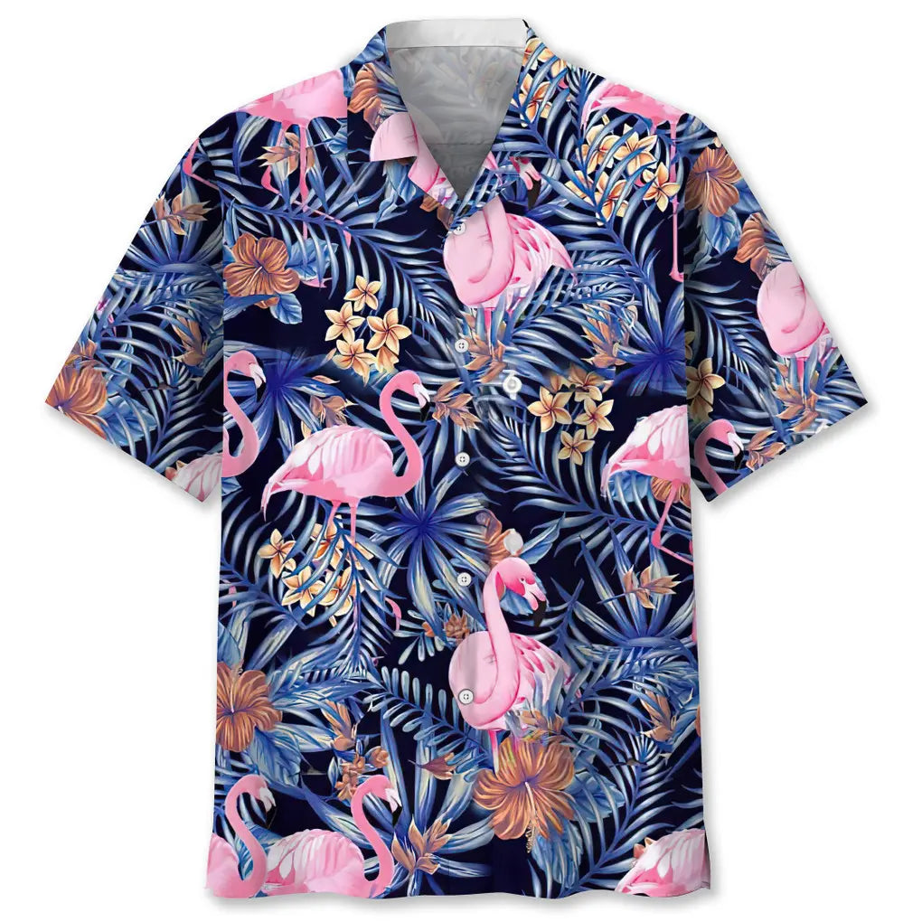 Tropical Flamingo Hawaiian Shirt For Summer Vacation, Beach Travel, And Casual Wear