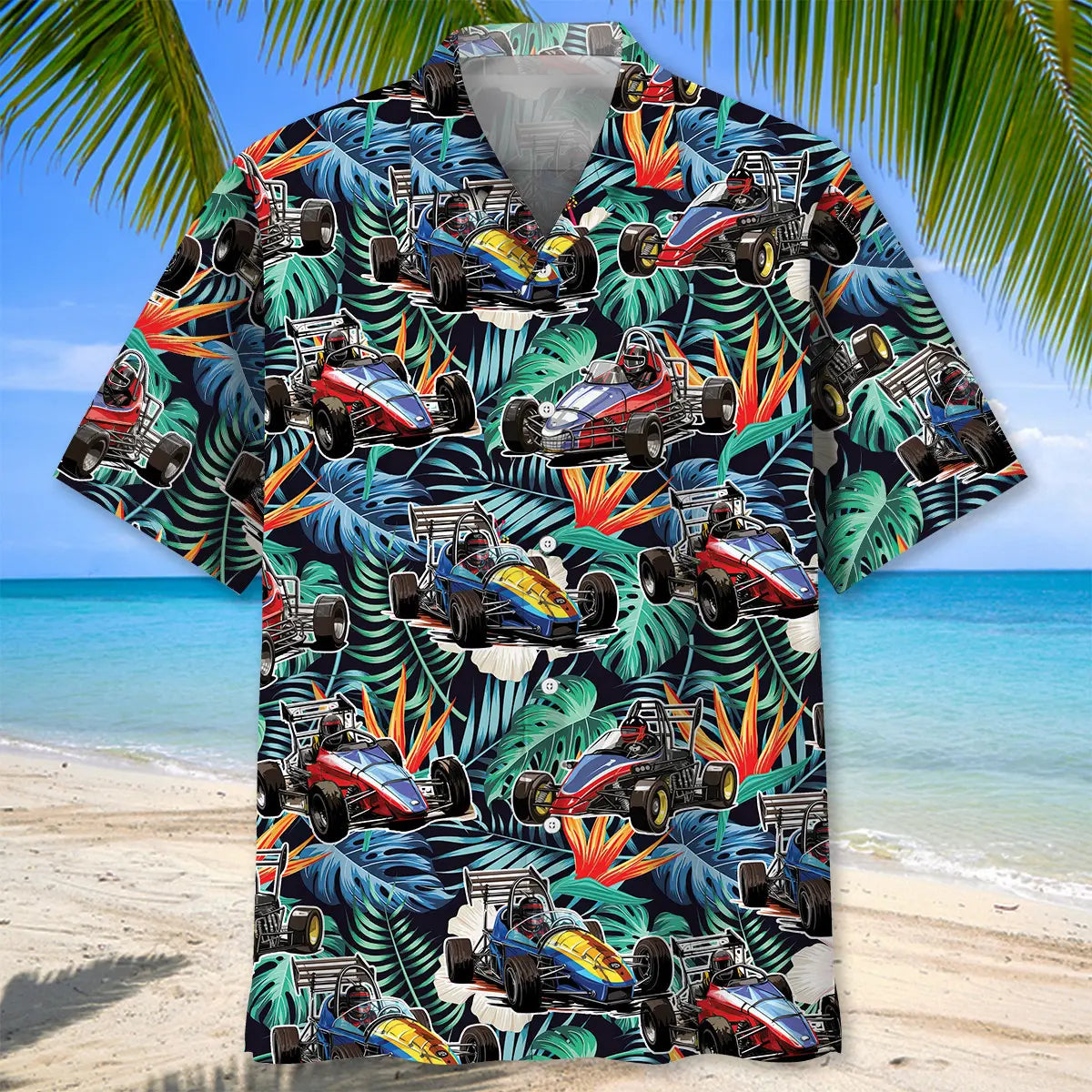 Floral Quarter Midget Car Racing Hawaiian Shirt For Summer Vacation, Beach Travel, And Casual Wear