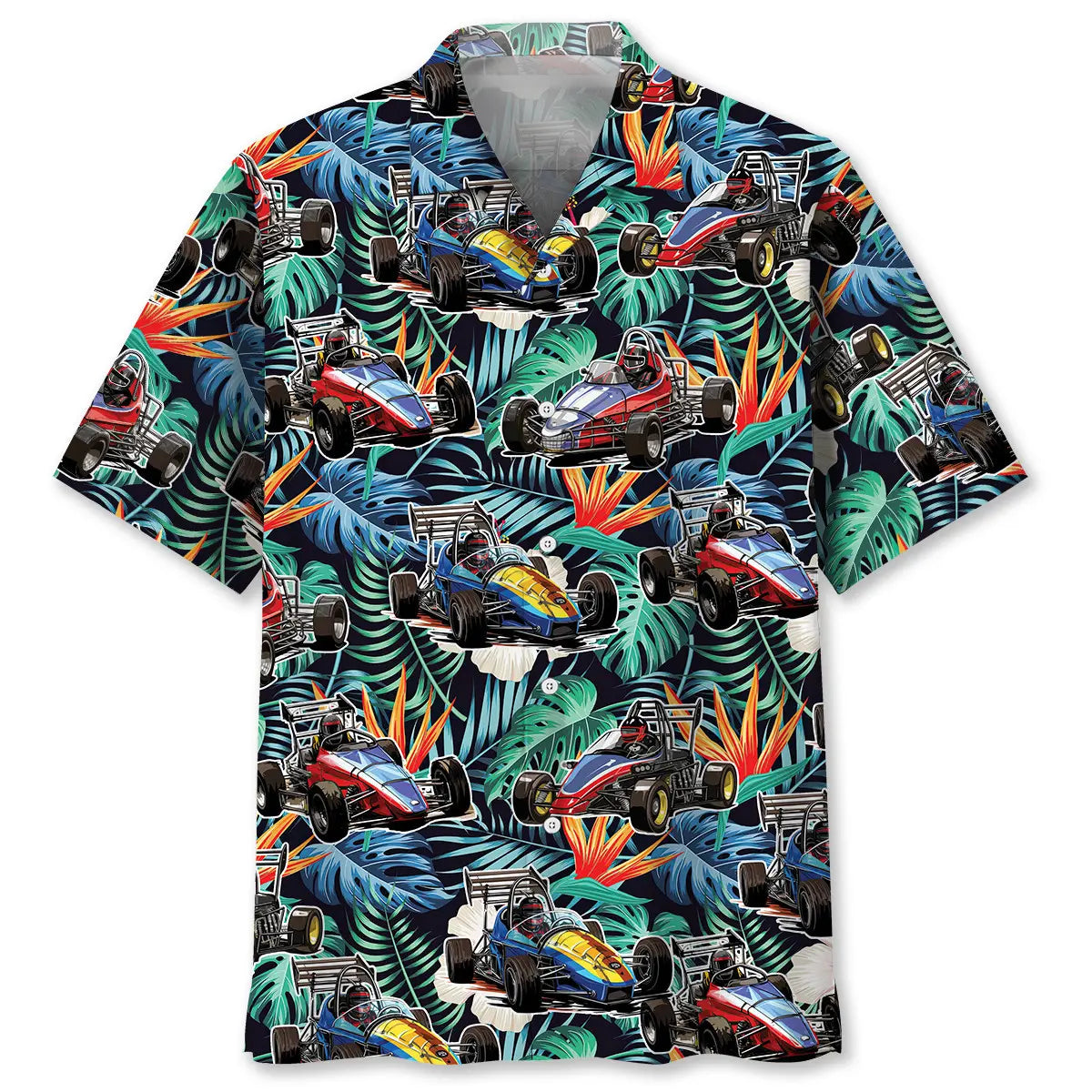 Floral Quarter Midget Car Racing Hawaiian Shirt For Summer Vacation, Beach Travel, And Casual Wear