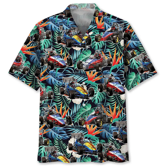 Floral Quarter Midget Car Racing Hawaiian Shirt For Summer Vacation, Beach Travel, And Casual Wear