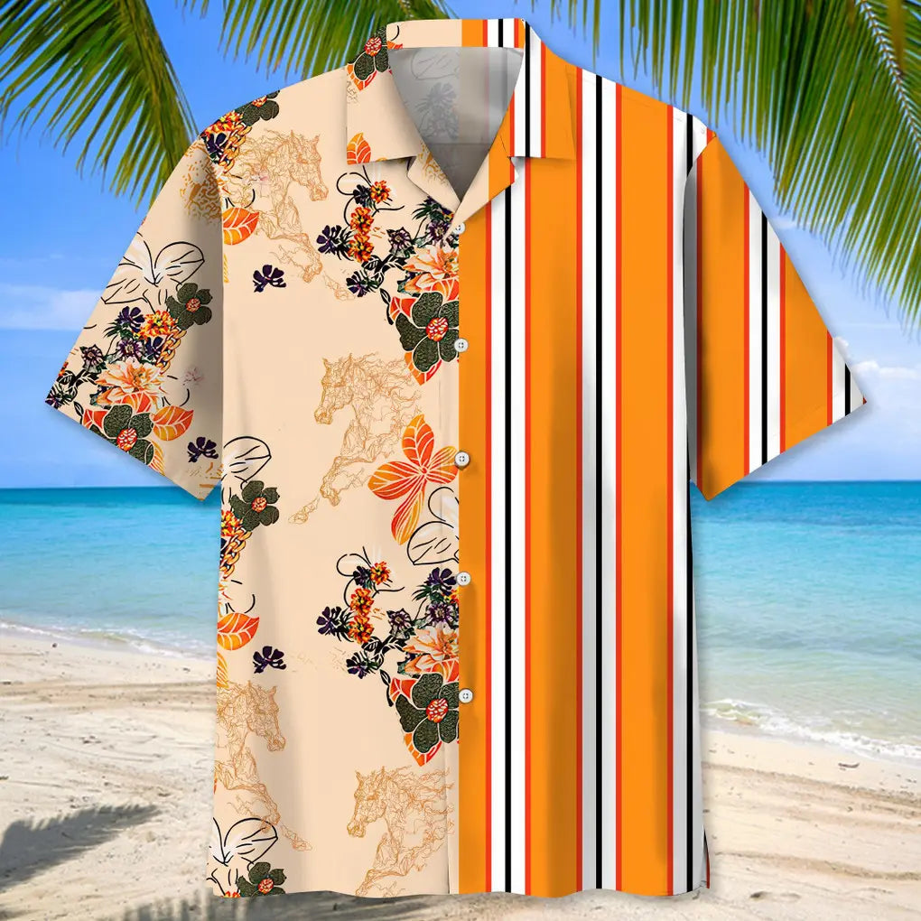 Floral Stripes Horse Hawaiian Shirt For Nature Fans, Resort Trips, And Comfortable Warm Weather Wear