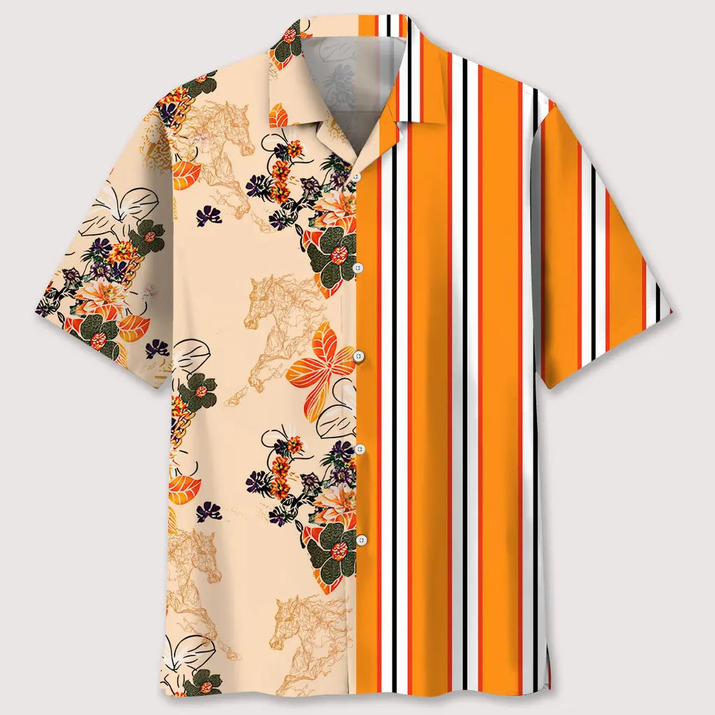 Floral Stripes Horse Hawaiian Shirt For Nature Fans, Resort Trips, And Comfortable Warm Weather Wear
