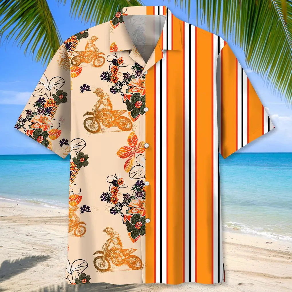 Floral Stripes Motocross Hawaiian Shirt For Automotive Enthusiasts, Coastal Trips, And Casual Warm Weather Style