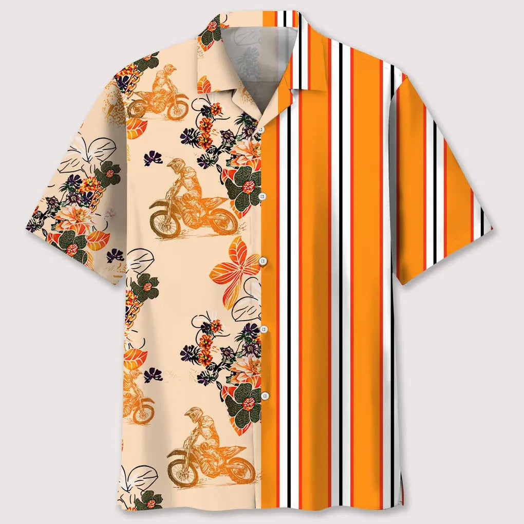 Floral Stripes Motocross Hawaiian Shirt For Automotive Enthusiasts, Coastal Trips, And Casual Warm Weather Style