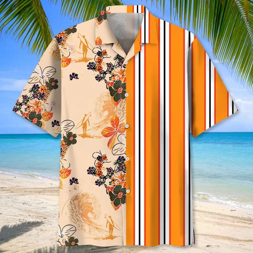 Floral Stripes Surfing Hawaiian Shirt For Tropical Holidays, Outdoor Gatherings, And Everyday Comfort