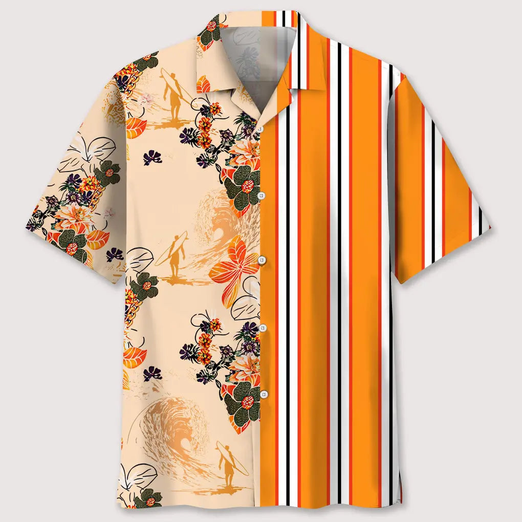 Floral Stripes Surfing Hawaiian Shirt For Tropical Holidays, Outdoor Gatherings, And Everyday Comfort