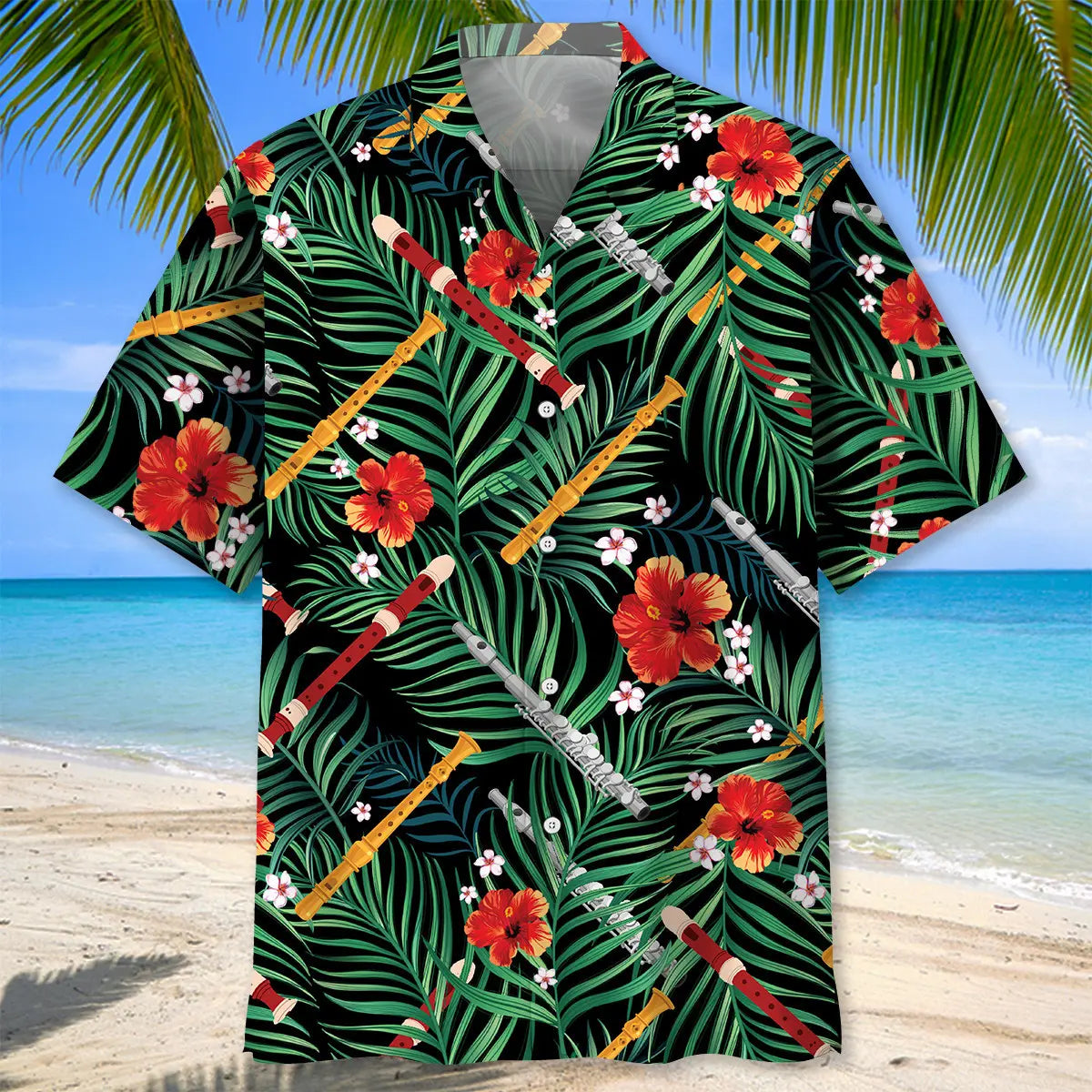 Flute Tropical Hawaiian Shirt For Resort Holiday And Casual Wear