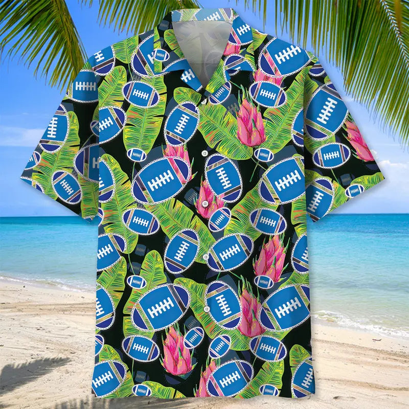 Tropical Football Blue Hawaiian Shirt For Summer Vacation, Beach Travel, And Casual Wear