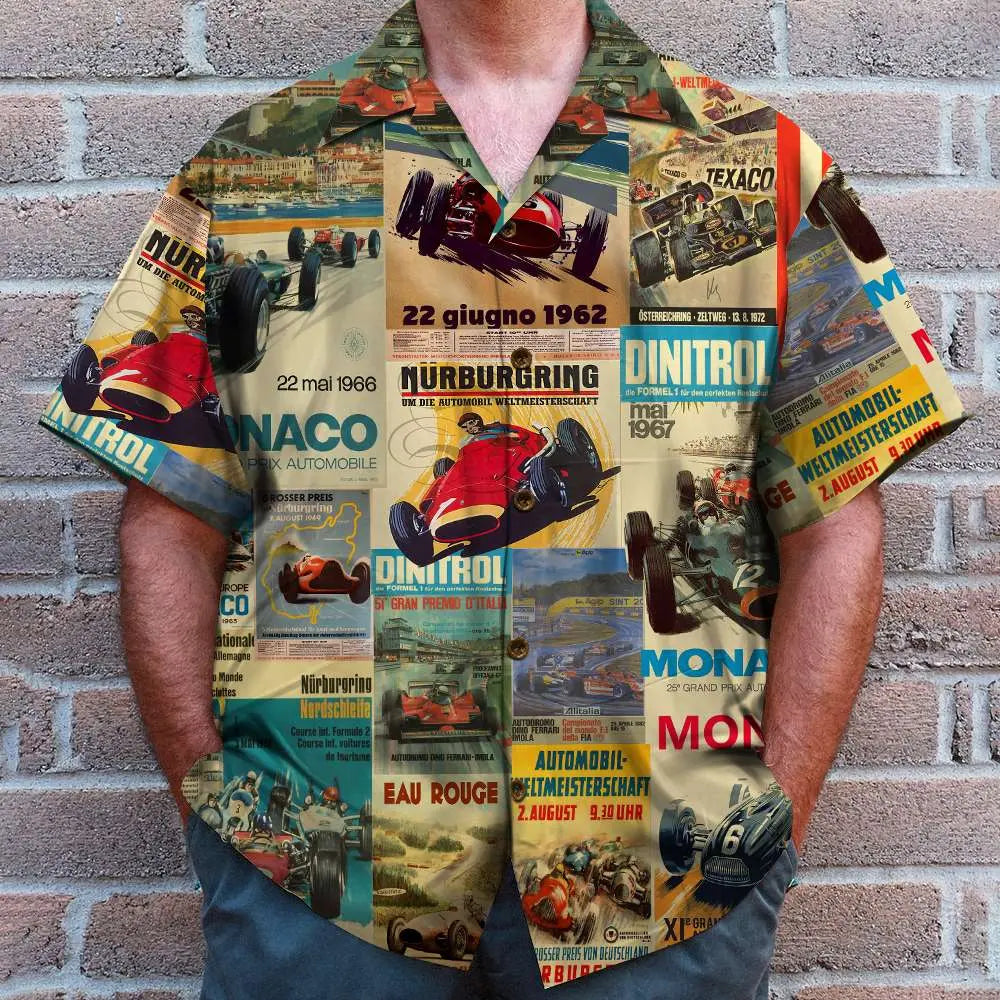 Island Summer Open Wheel Racing Aloha Hawaiian Shirt For Resort Trips, Coastal Parties, And Warm Weather Style