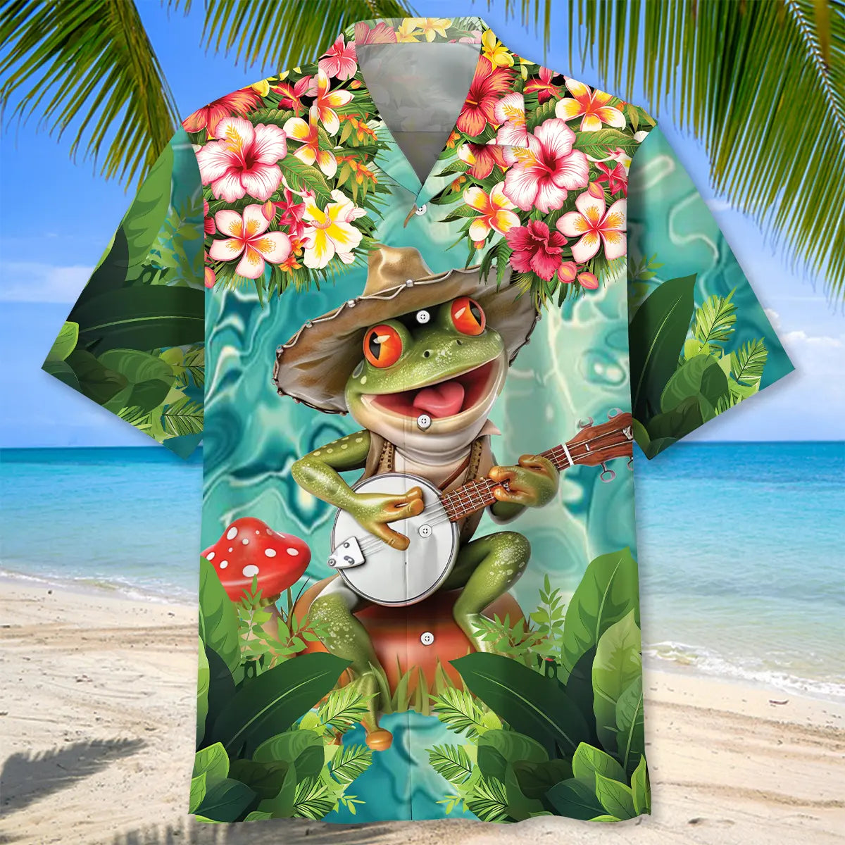 Frog Playing Banjo Hawaiian Shirt For Coastal Travel, Casual Events, And Comfortable Summer Wear