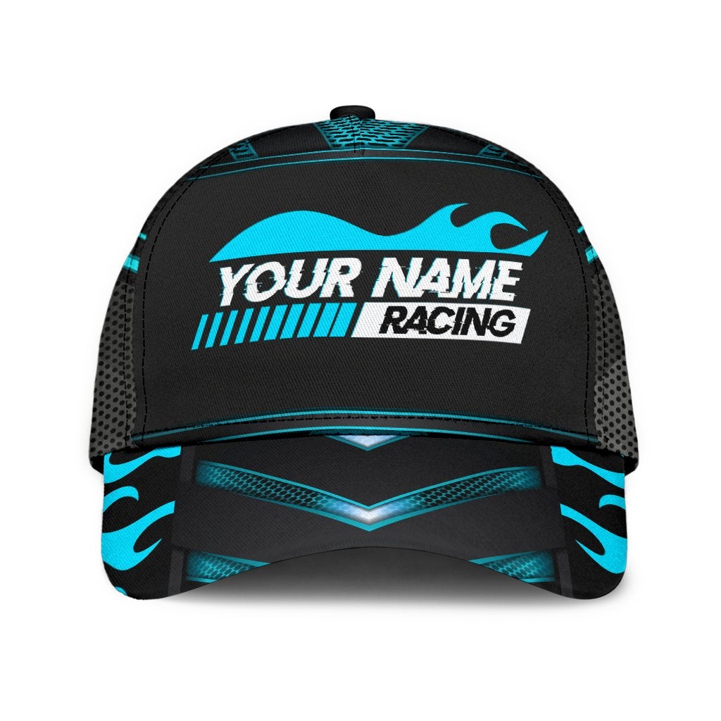 Custom Blue Neon Racing Personalized Name Classic Cap For Outdoor Events Beach Travel And Relaxed Daily Style