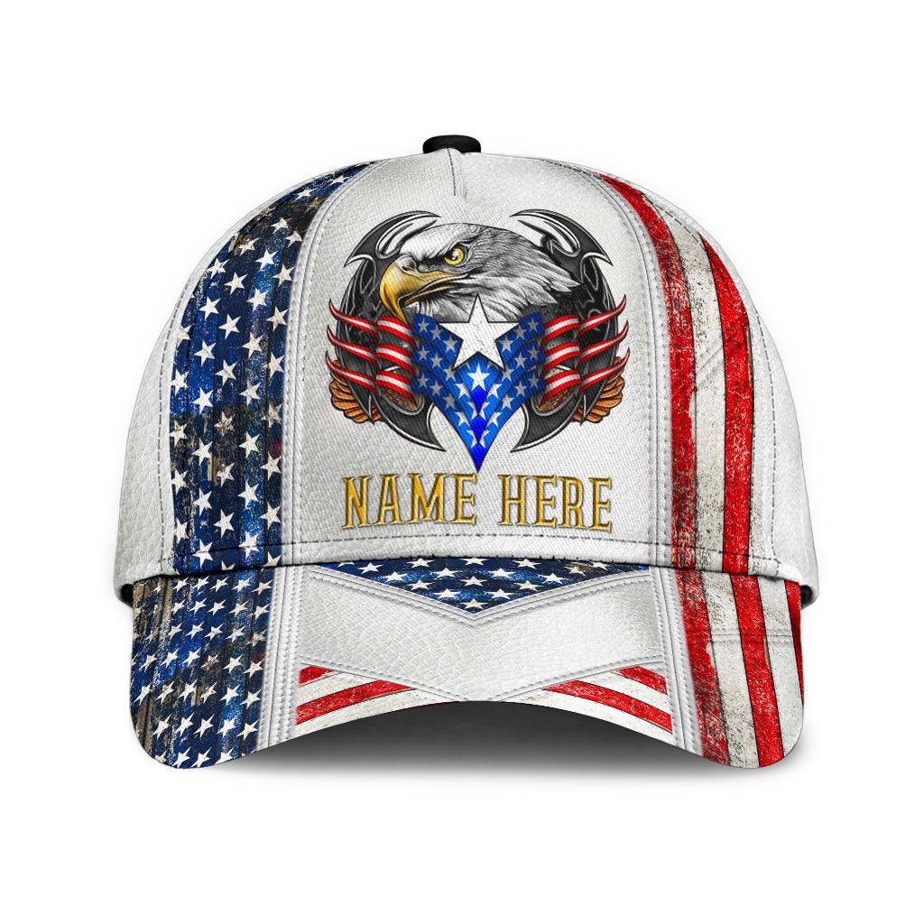 Custom Name Eagle American Flag White Classic Cap For Festivals Holidays And Comfortable Everyday Wear